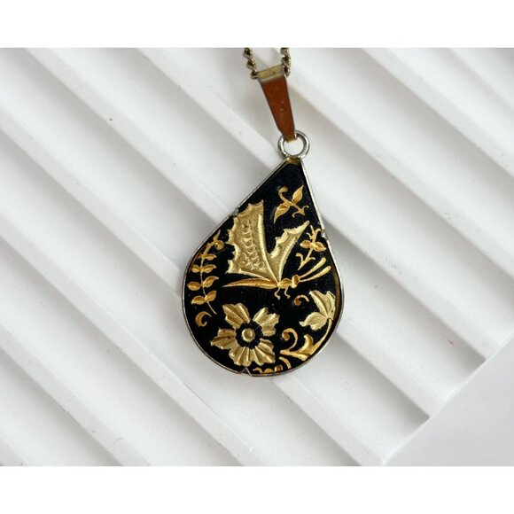Damascene Black Tear Drop Gold Butterfly & Floral Vintage Pendant Necklace - 18" - Picture 2 of 8
